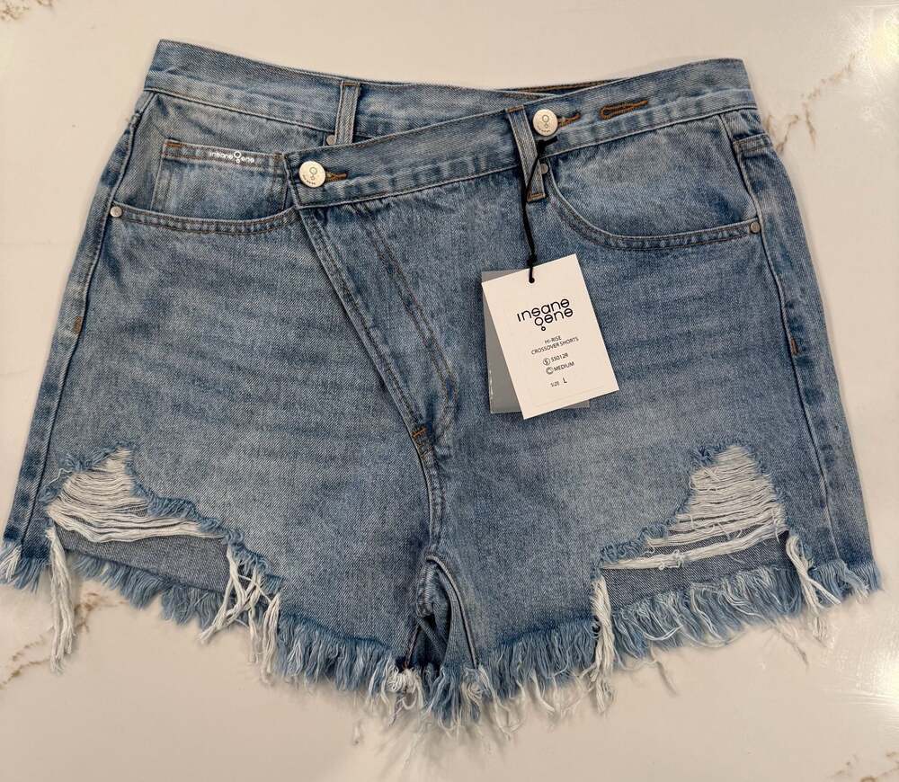 NWT Insane Gene Hi-Rise Crossover Distressed Denim Cutoff Shorts